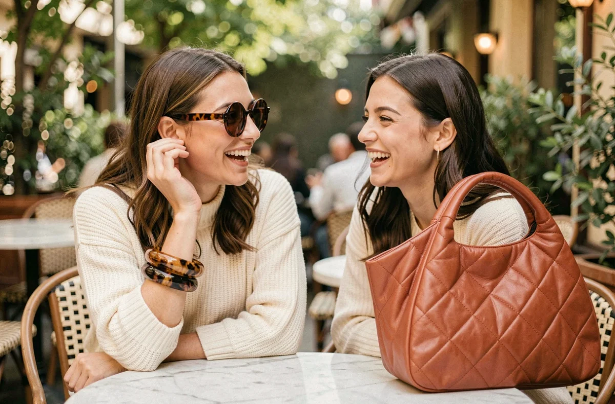 Deux femmes attablées en terrasse de café arborant des accessoires oversize tendance printemps-été, lunettes rondes et sac matelassé terracotta