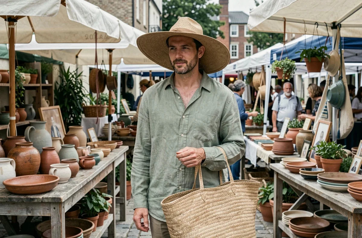 Homme en chapeau oversize et chemise en lin portant un grand sac en osier dans un marché artisanal en plein air