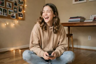 Adolescente qui parle avec expression animée dans sa chambre, illustrant le langage des ados et l'usage du mot genre dans les conversations