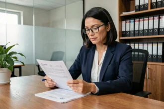 Femme agent immobilier examinant un contrat de bail dans une agence moderne
