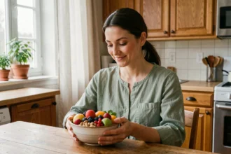 Femme souriante tenant un bol de fruits frais et de baies dans une cuisine chaleureuse, illustrant le lien entre alimentation saine et bonne humeur