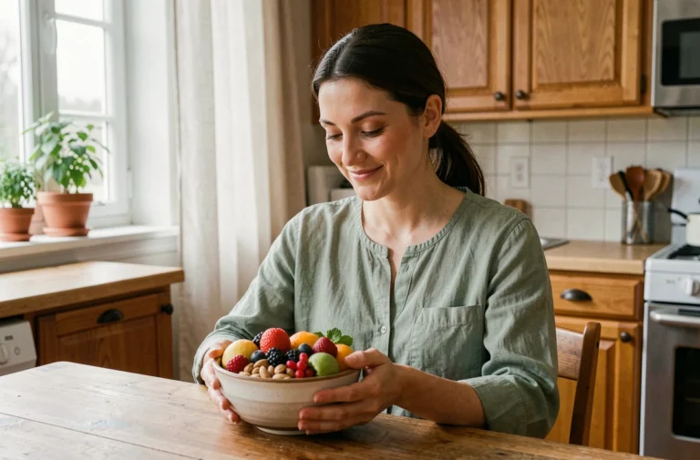 Femme souriante tenant un bol de fruits frais et de baies dans une cuisine chaleureuse, illustrant le lien entre alimentation saine et bonne humeur