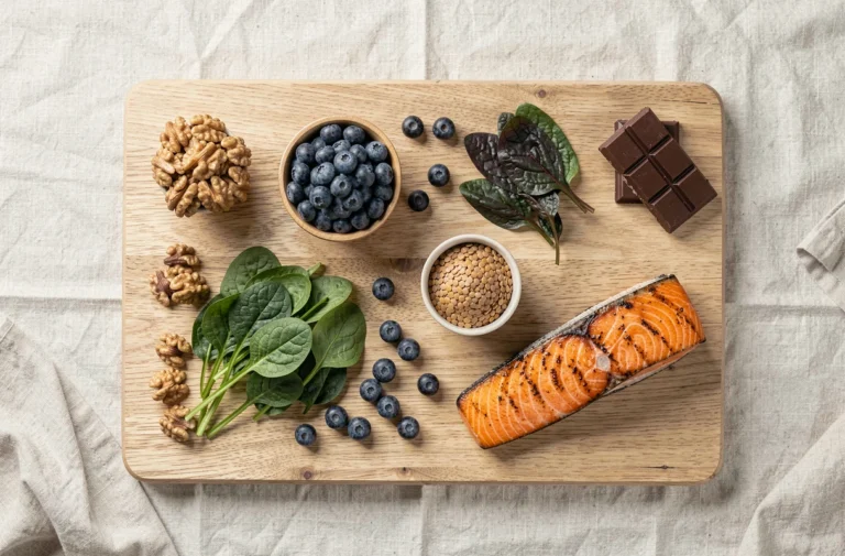 Assortiment de 6 aliments bénéfiques pour le cerveau disposés en flat lay sur une table en bois clair