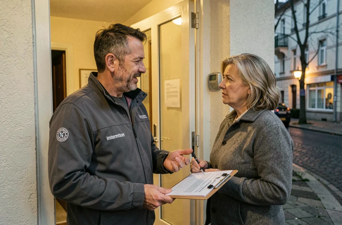 Serrurier Allo-Serrurier Lille échangeant avec une cliente à la porte de son appartement lors d'une intervention