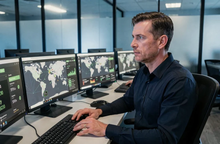 Analyste en cybersécurité étudiant un tableau de bord mondial des indices de sécurité dans un centre d'opérations moderne