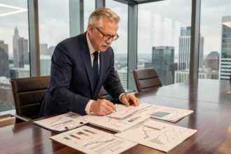 Analyste financier senior examinant des graphiques de portefeuille en couches dans une salle de conférence moderne, illustrant les avantages d'un modèle fonds de fonds