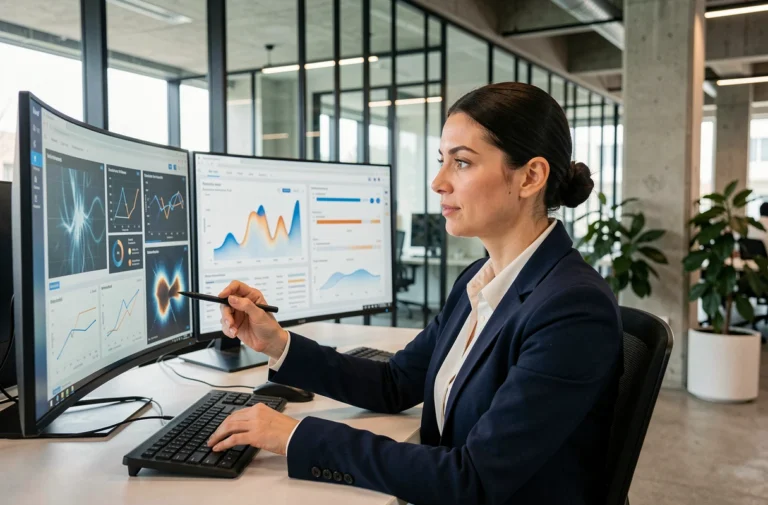 Analyste data féminine utilisant des tableaux de bord BI alimentés par l'intelligence artificielle dans un bureau moderne