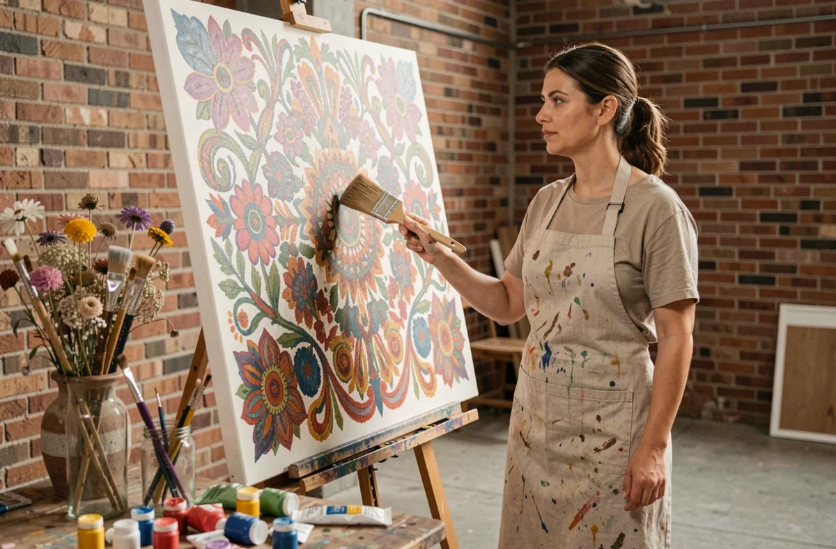 Artiste femme peignant une toile bohème multicolore dans un atelier au style industriel avec murs en briques