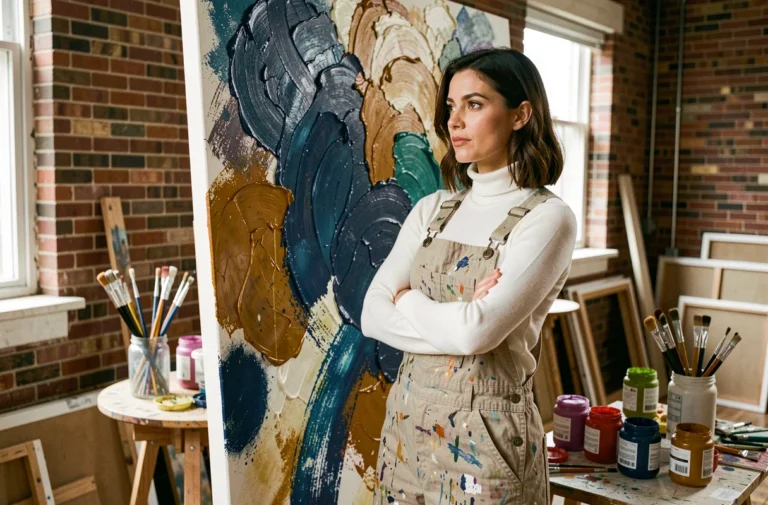 Artiste contemporaine devant une grande toile abstraite dans un atelier urbain aux murs en briques