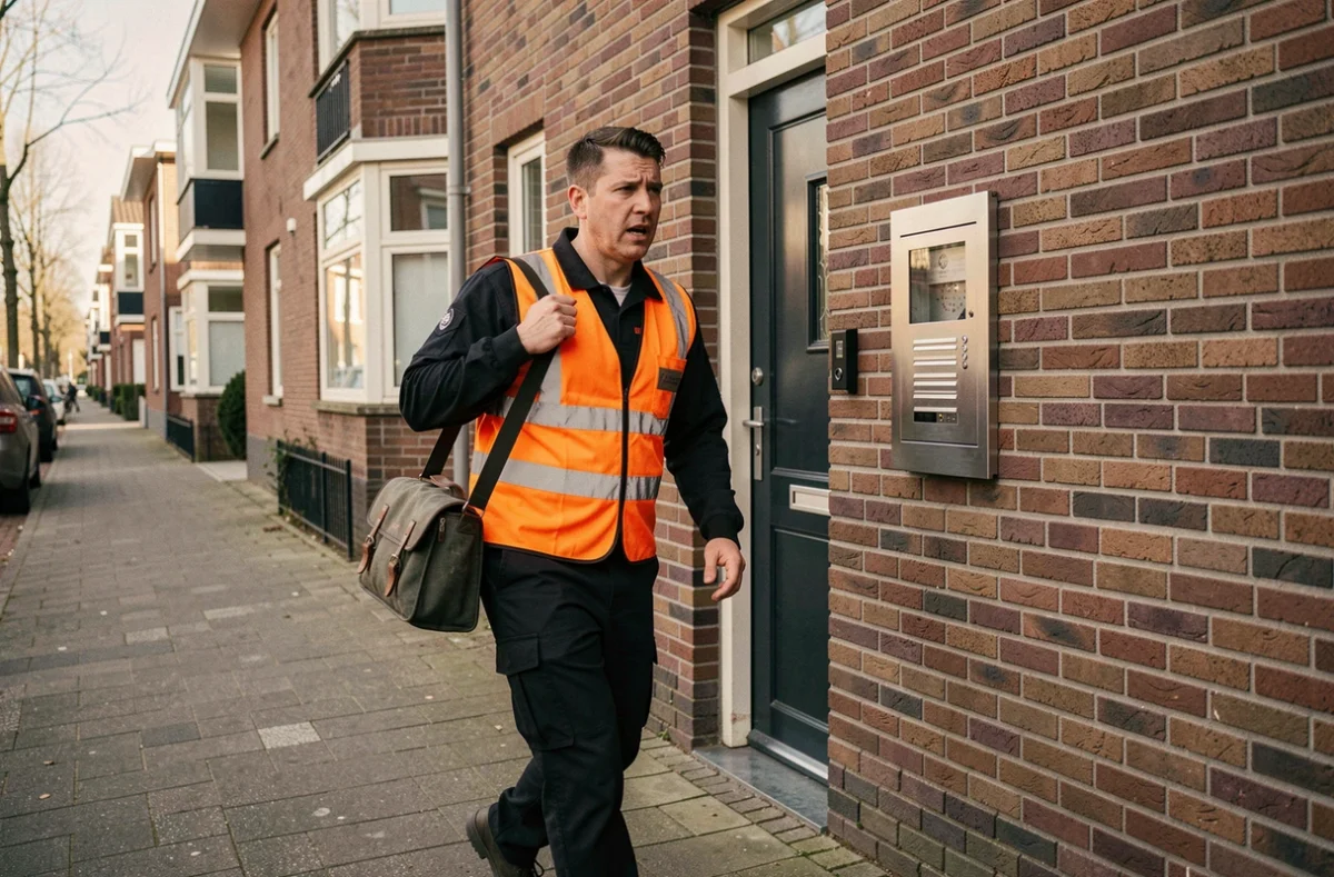 Technicien d'Assistance Dépannage Rapide ADR arrivant en urgence à l'entrée d'un immeuble résidentiel à Lille