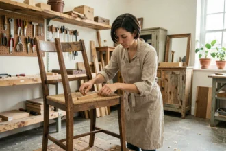 Artisane réparant un meuble en bois dans un atelier de réemploi, illustrant les principes de l'économie circulaire