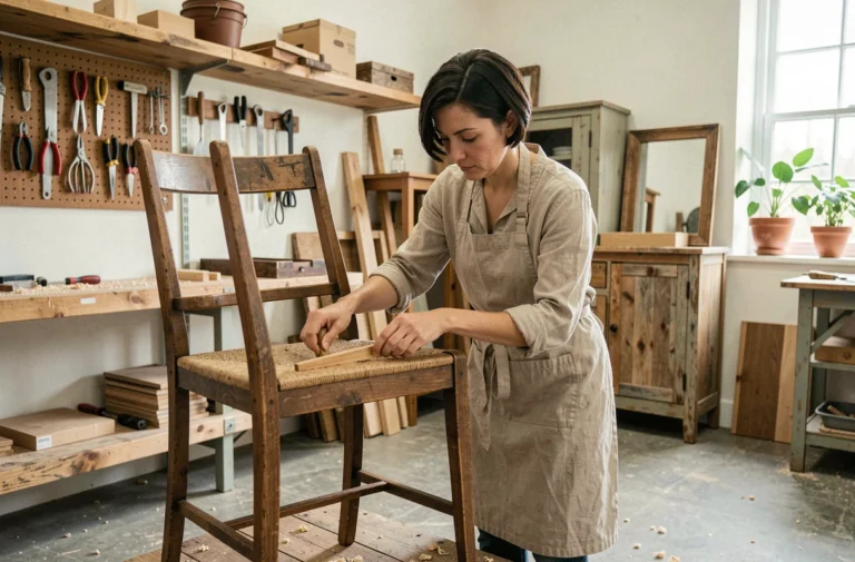Artisane réparant un meuble en bois dans un atelier de réemploi, illustrant les principes de l'économie circulaire