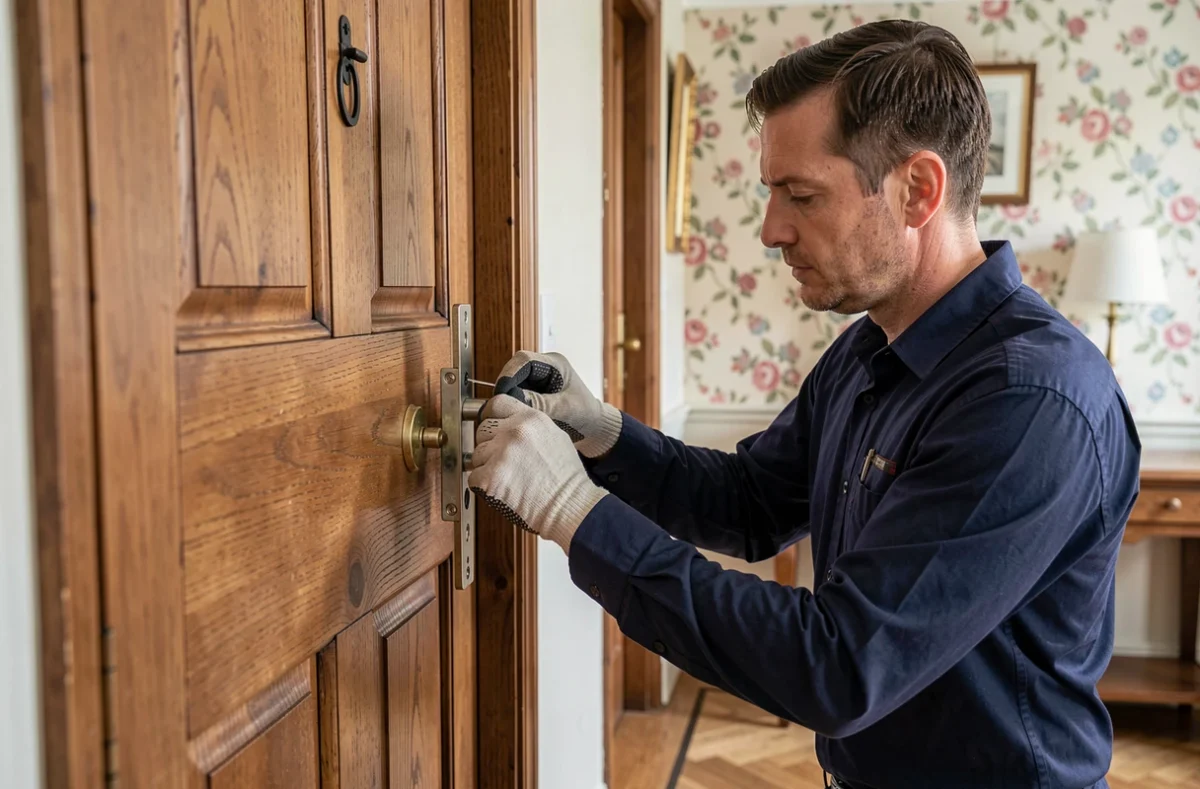 Serrurier des Ateliers-Serrurier Lille installant une serrure multipoints sur une porte en chêne dans un couloir ancien