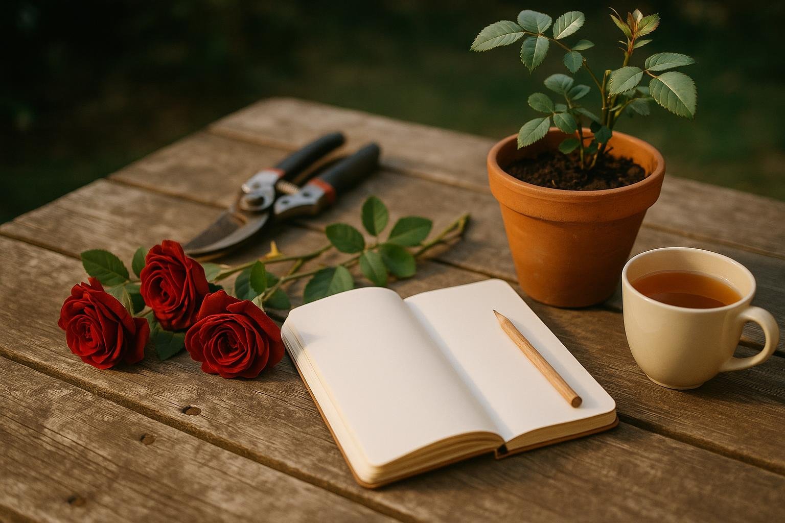Carnet ouvert et crayon, sécateur, roses rouges coupées, jeune rosier en pot et tasse de thé sur une table en bois