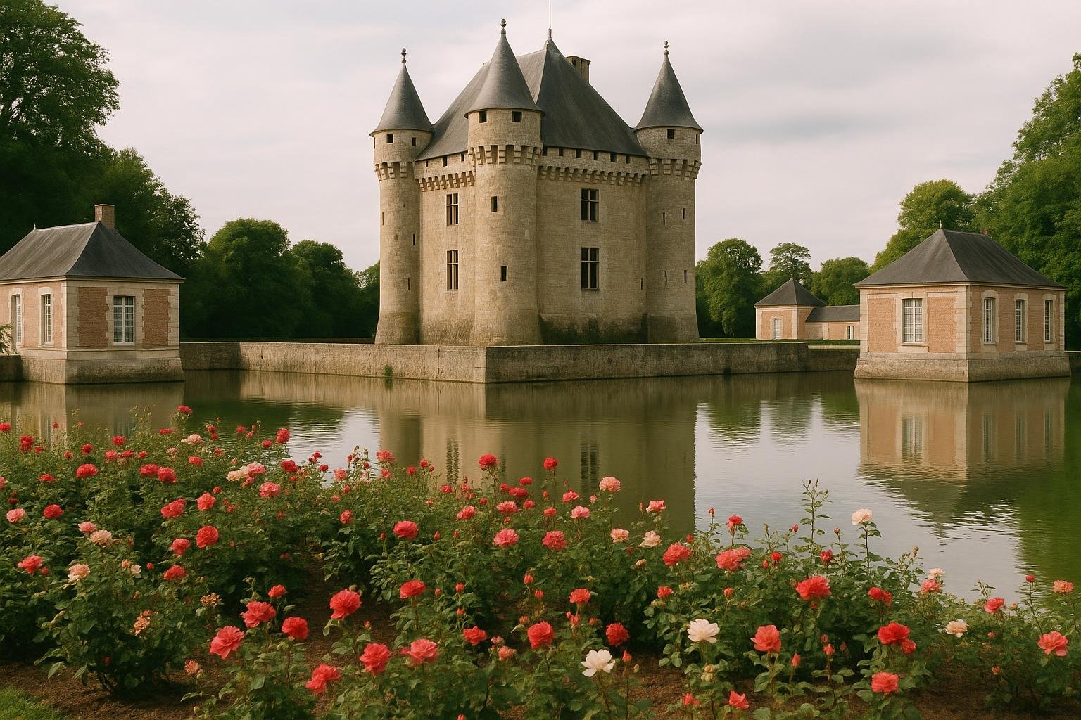 Donjon carré à quatre tourelles au milieu de douves en eau, pavillons en brique et pierre, massif de roses au premier plan