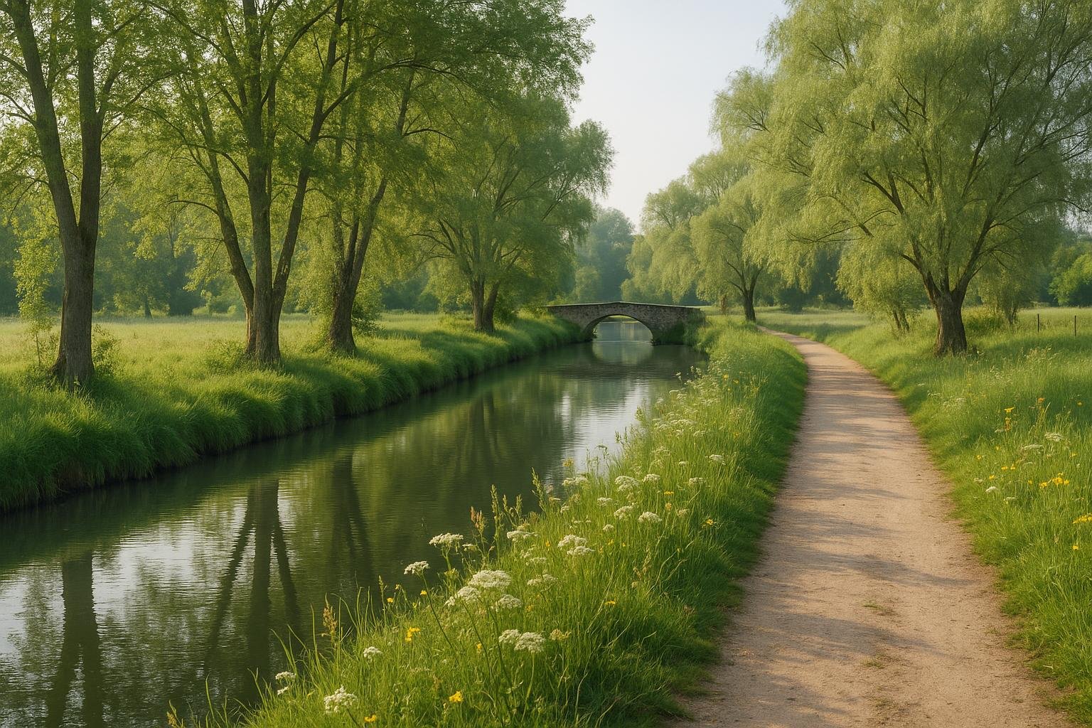 Chemin de terre le long d’une rivière calme bordée de saules, petit pont de pierre et fleurs des champs
