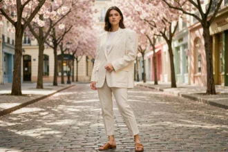 Femme portant un blazer oversize structuré aux épaules marquées dans une rue pavée parisienne au printemps