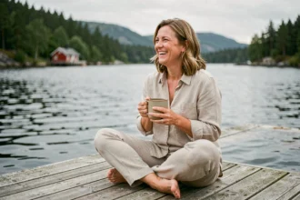Femme souriante assise sur un ponton en bois face à un fjord scandinave, tenant une tasse de café, symbole de bonheur et de sérénité dans les pays nordiques