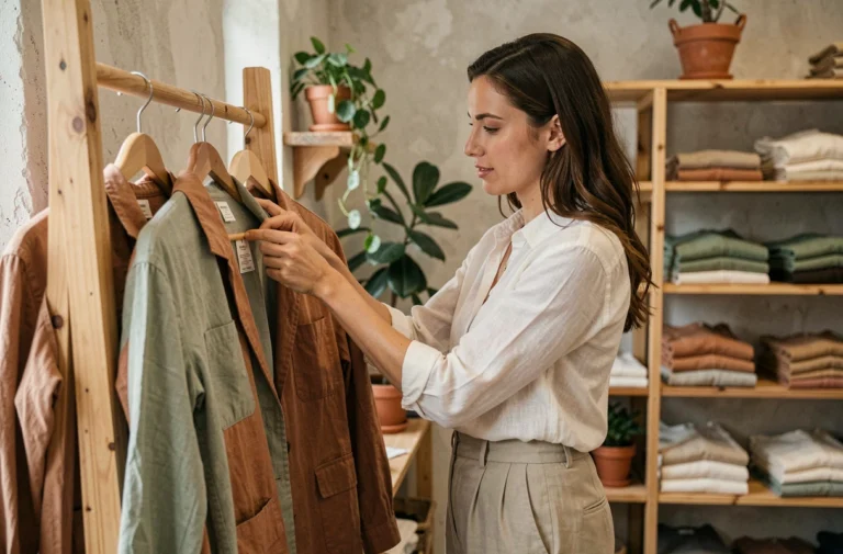 Femme examinant les étiquettes d'un vêtement durable en tissu naturel dans une boutique de mode éthique