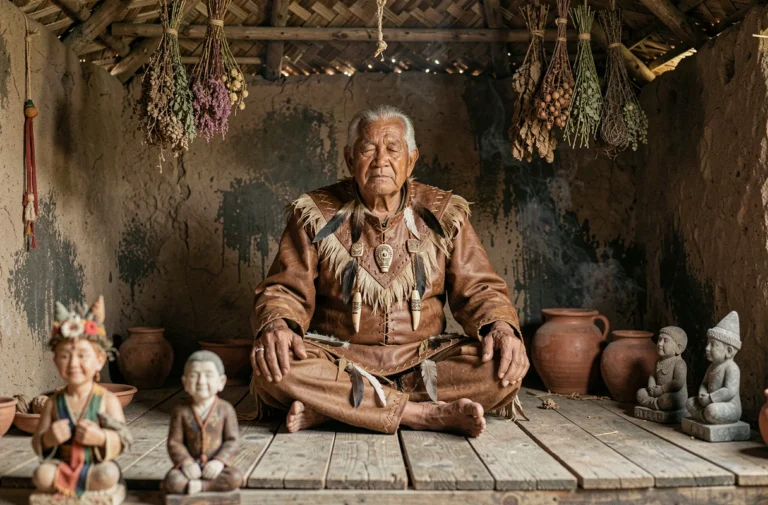 Chamane âgé en tenue traditionnelle méditant dans une hutte cérémonielle, entouré d'objets rituels et d'herbes séchées