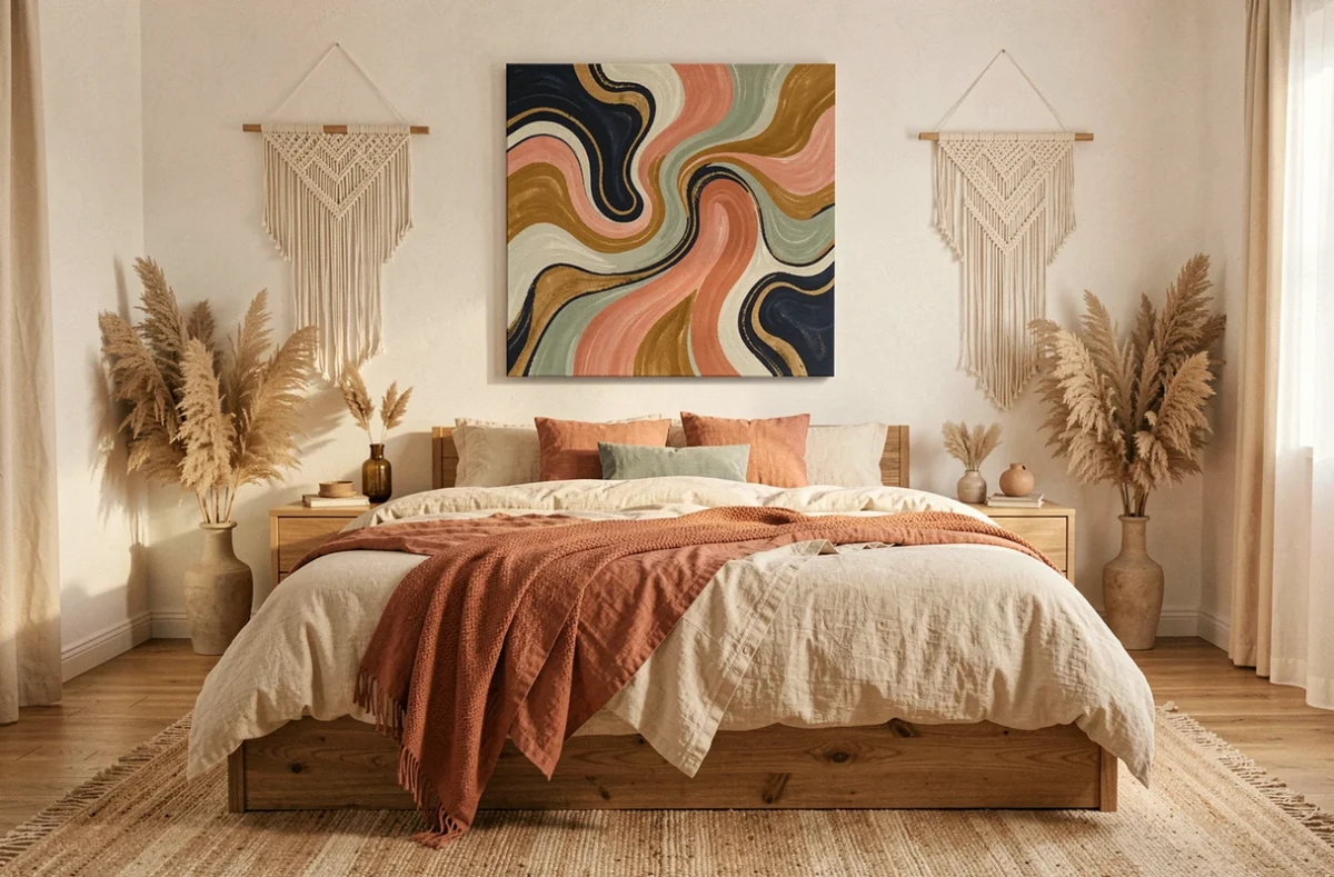Chambre bohème avec toile multicolore abstraite au-dessus d'un lit bas en bois entouré de macramé et d'herbes de la pampa