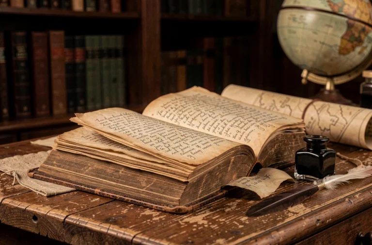 Vieux livre ouvert sur un bureau en chêne avec annotations manuscrites à la plume, évoquant les écrits philosophiques de Rousseau au XVIIIe siècle