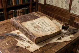 Vieux livre français ouvert sur un bureau en chêne avec une plume et des manuscrits évoquant l'univers littéraire de Victor Hugo