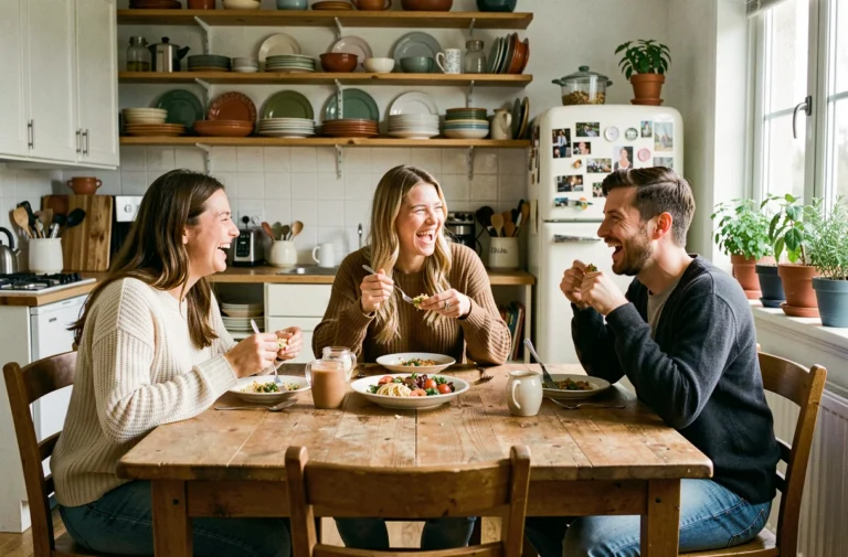 Trois colocataires adultes partageant un repas autour d'une grande table en bois dans un appartement en colocation