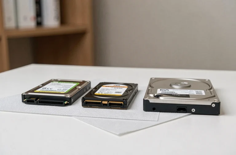 Comparatif des différents types de stockage PC : SSD NVMe M.2, SSD SATA 2,5 pouces et disque dur HDD posés sur un bureau blanc