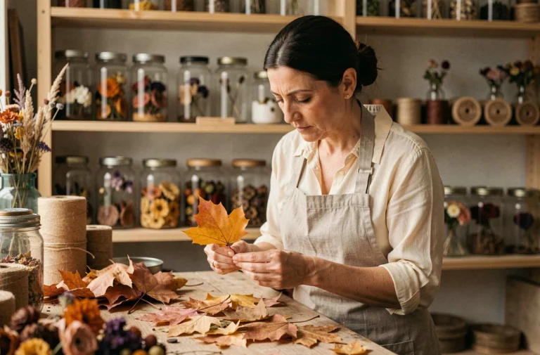 Femme artisane conservant des feuilles d'automne séchées dans un atelier de botanique rustique