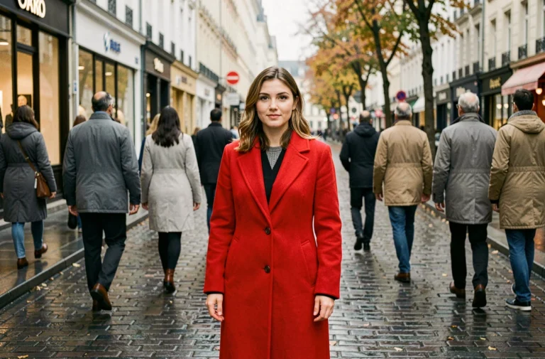 Femme en manteau rouge vif se démarquant d'une foule de passants en tenues neutres dans une rue urbaine pavée