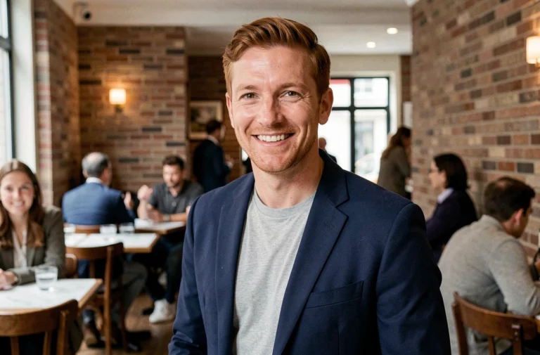 Cyril Féraud souriant dans un café parisien, portrait éditorial d'un animateur télévision français élégant et décontracté