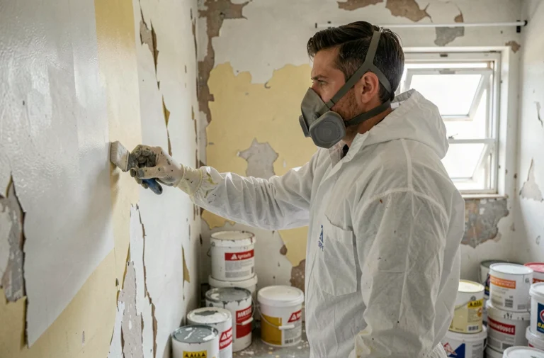 Peintre professionnel portant un respirateur et des gants de protection lors de l'application de peinture à solvant dans une pièce mal ventilée