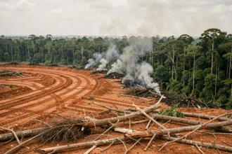 Déforestation massive en Amazonie montrant la frontière brutale entre forêt tropicale dense et terres rasées, principale cause de perte de biodiversité