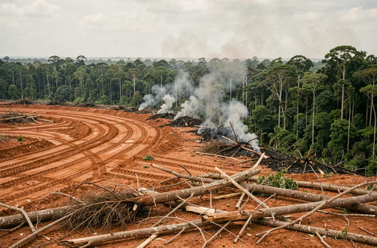 Déforestation massive en Amazonie montrant la frontière brutale entre forêt tropicale dense et terres rasées, principale cause de perte de biodiversité