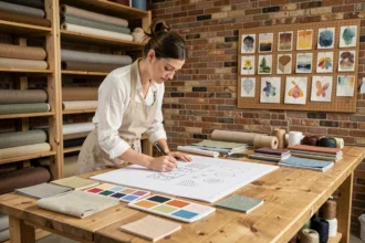 Designer textile esquissant des motifs sur papier millimétré entourée de swatches de tissu et d'échantillons de couleurs dans un atelier créatif