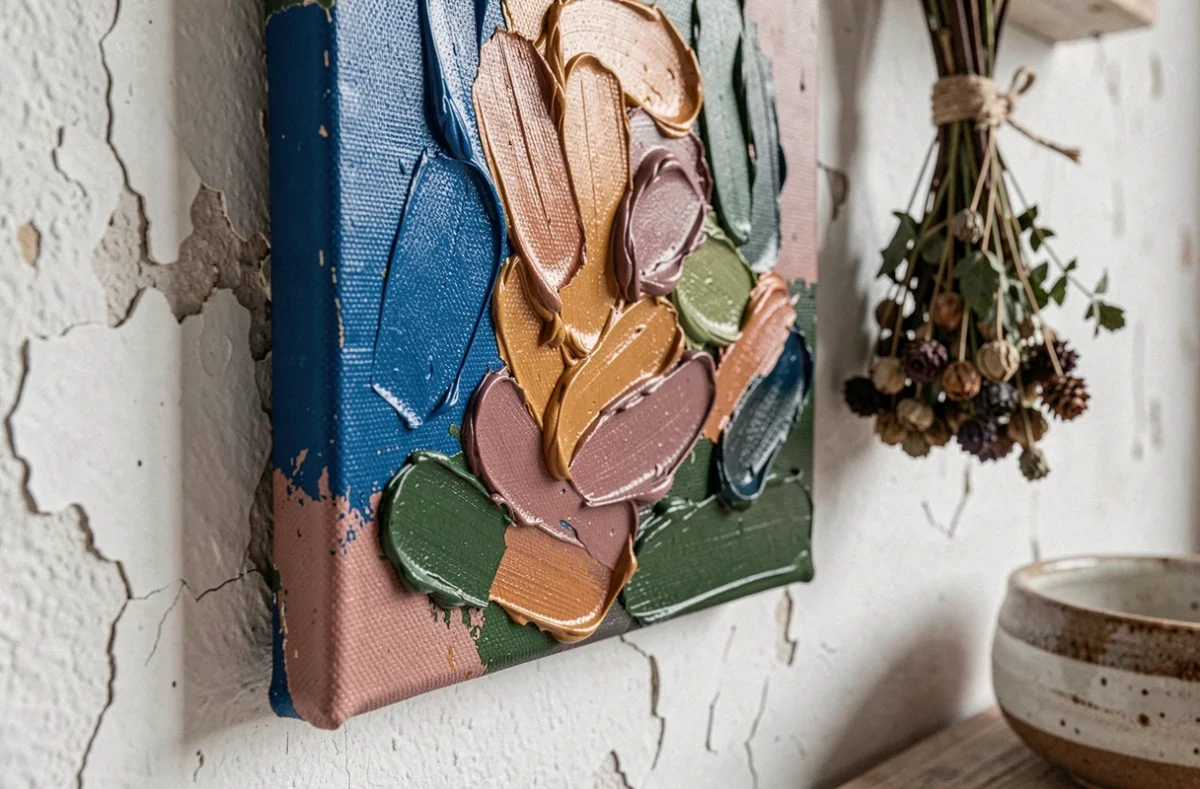 Gros plan sur les détails texturés d'une toile bohème multicolore avec coups de pinceau en impasto et herbes séchées décoratives