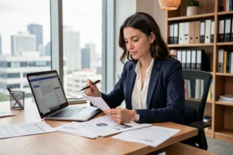 Femme comparant des notes manuscrites à une interface numérique sur ordinateur portable dans un bureau moderne