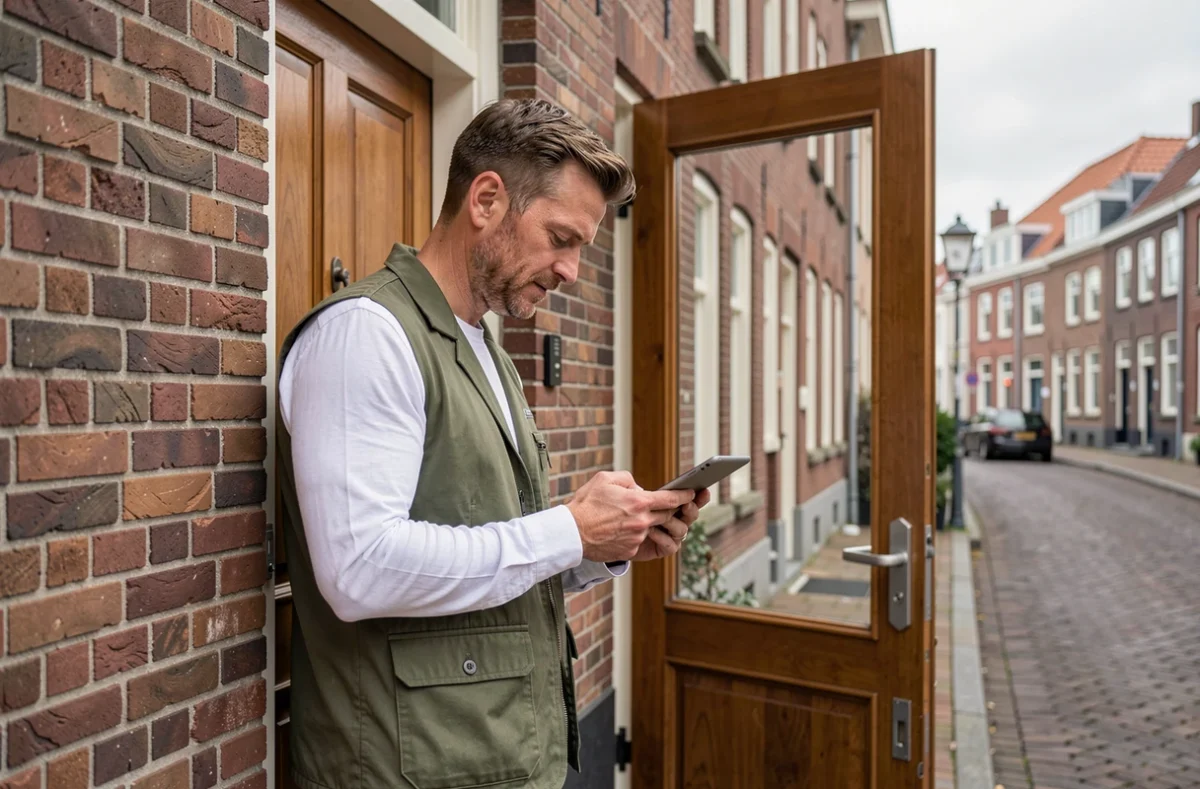 Artisan serrurier de Direct Artisans consultant sa tablette devant une porte résidentielle dans une rue de Lille