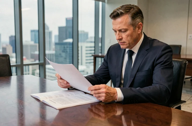 Directeur de banque centrale examinant des documents financiers dans une salle de réunion institutionnelle