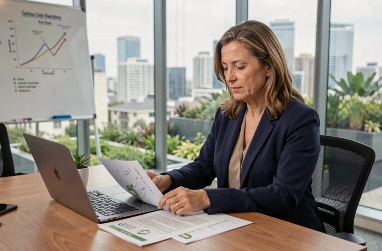 Directrice d'entreprise analysant des rapports de croissance durable dans une salle de réunion moderne avec des plantes et des graphiques