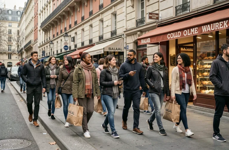Rue animée de Paris avec une foule multiculturelle représentant la diversité des immigrés en France