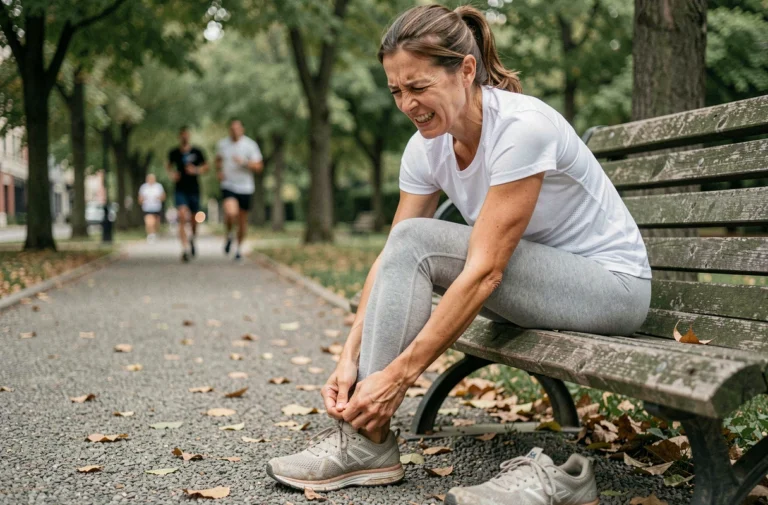Femme en tenue de sport massant sa cheville douloureuse sur un banc de parc après une longue marche