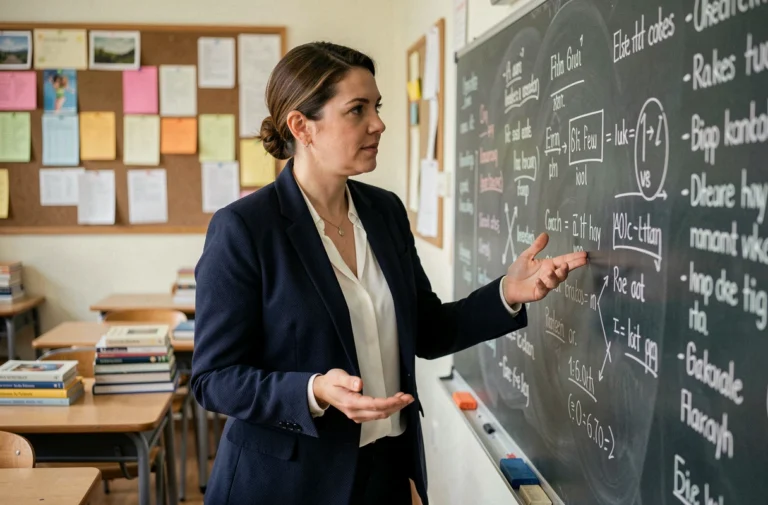 Enseignante expliquant une leçon au tableau dans une salle de classe, illustrant les matières de l'éducation scolaire