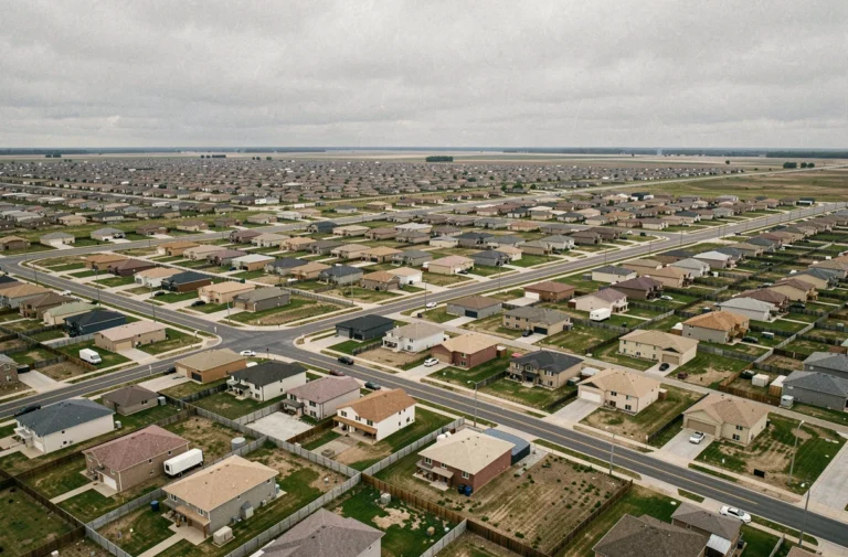 Vue aérienne d'un quartier pavillonnaire en étalement urbain avec des routes larges et des maisons identiques à perte de vue