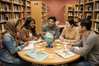 Groupe d'étudiants multiculturels travaillant ensemble autour d'une table dans une bibliothèque universitaire, illustrant la diversité culturelle et l'apprentissage collaboratif