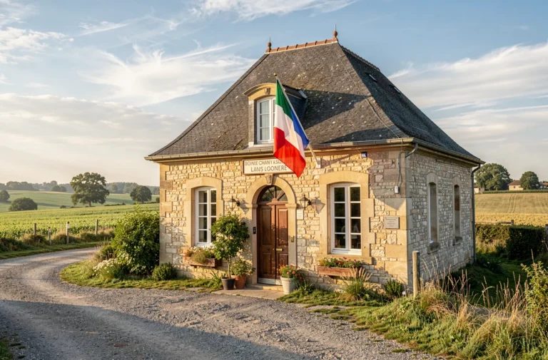 Façade d'une petite mairie de village du Loiret avec son drapeau