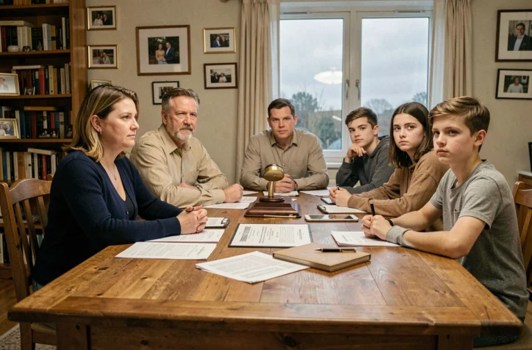 Famille recomposée réunie autour de documents notariaux pour discuter de l'héritage