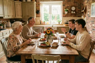 Famille multigénérationnelle réunie autour d'un repas dominical dans une cuisine chaleureuse et conviviale