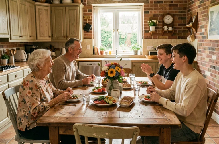 Famille multigénérationnelle réunie autour d'un repas dominical dans une cuisine chaleureuse et conviviale